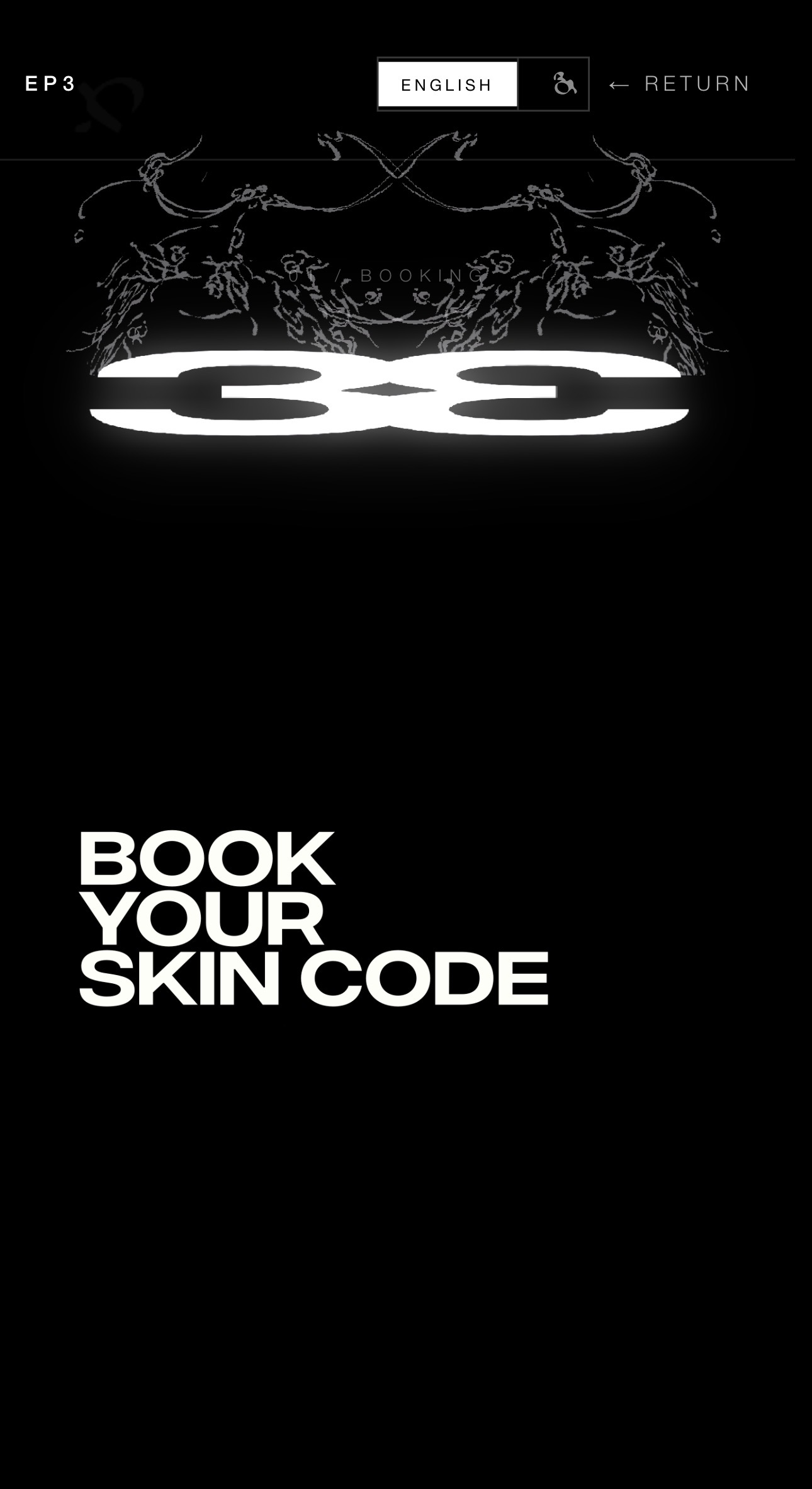 EP3 monochrome tattoo booking interface with Book Your Skin Code headline