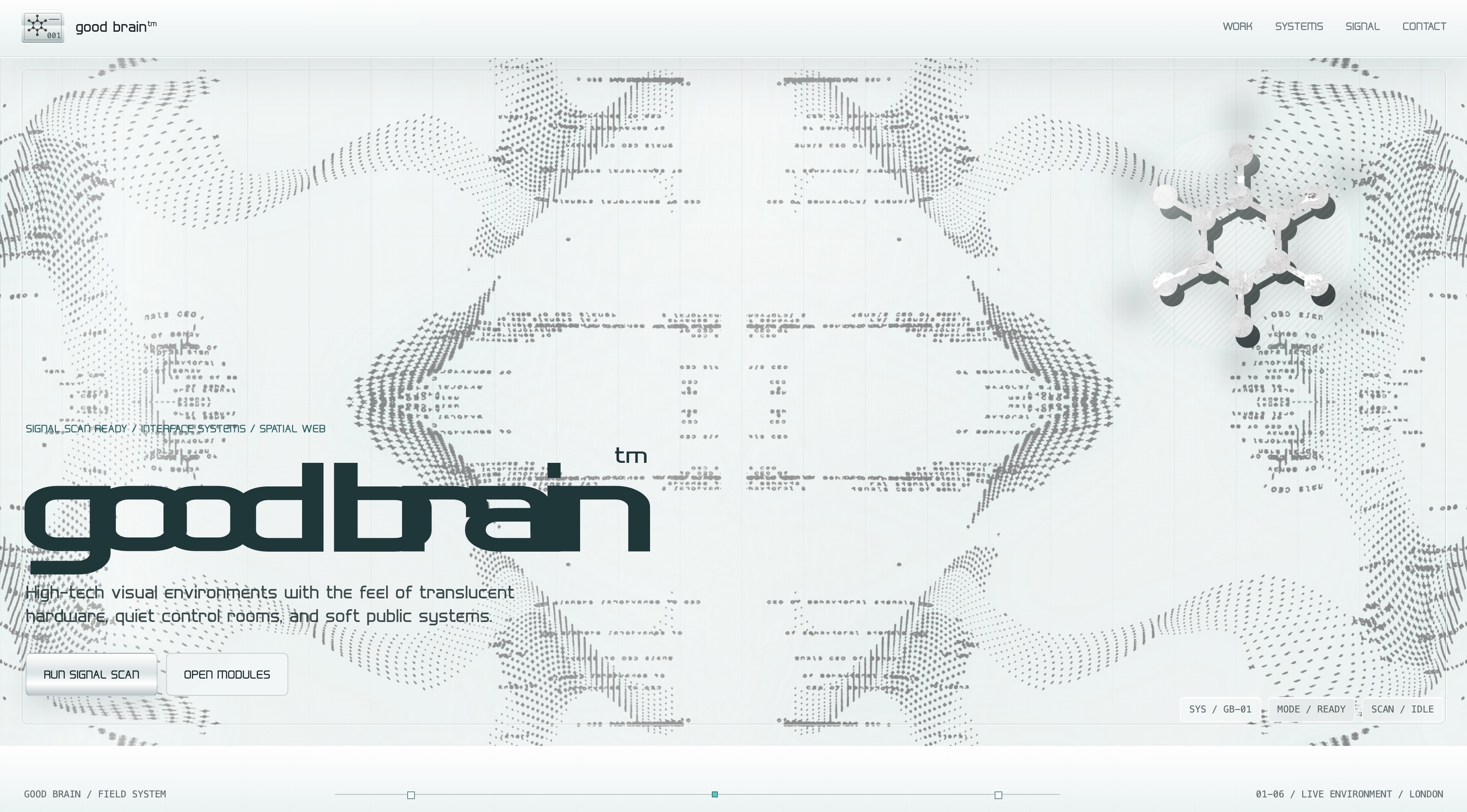 Good Brain interface with a pale spatial system, typographic graphics and signal controls